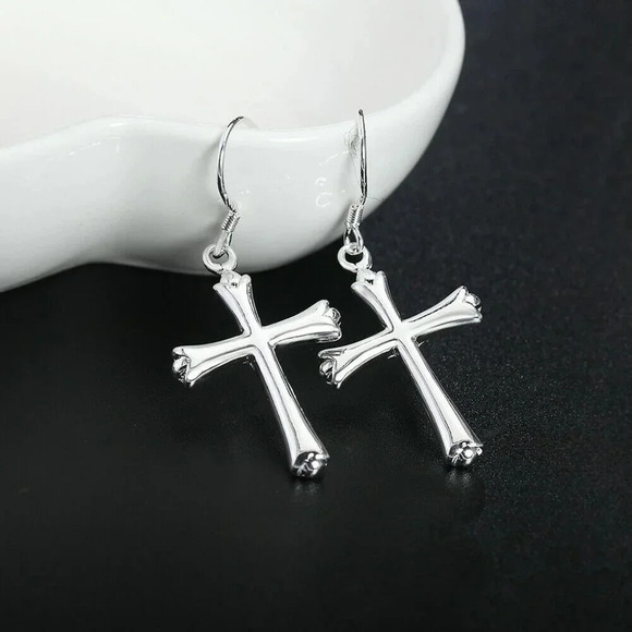 925 Sterling Silver Cross Dangle Earrings - Picture 5 of 6